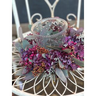 Hortensienkranz Herbsttöne mit Windlichtglas.Tischkranz ca 22cm - Herbstkranz ~ zauberhafter kleiner Kranz~