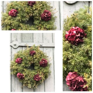 Türkranz aus Silberzypresse und Hortensie ca. 35 cm ~ Üppige Türdeko ~ winterlich
