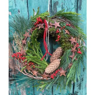 Großer Winterkranz aus Moos & Zweigen ~ mit Sternen in Rostoptik ~ natürlicher Adventskranz ~ Winterdeko von CottageGarden